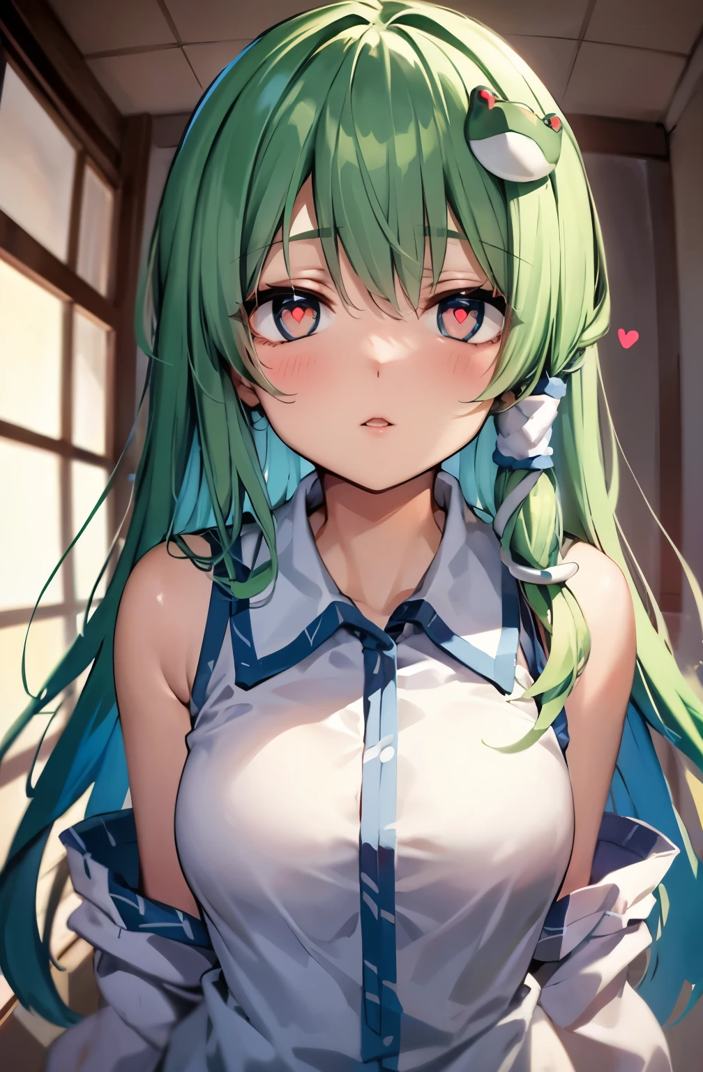 masterpiece, Highest Quality,Highest Quality,{{{1 girl on break day}}},alone,{{{Sanae Tofudani/Komeiji Sanae}}},{{{Frog headdress}}},light green hair,long wave hair,hair tube,green eyes(heart eyes),,{{big chest room background、I can only see my upper body、thin、 completely naked、 sex action 、beautiful breasts、close、horny face