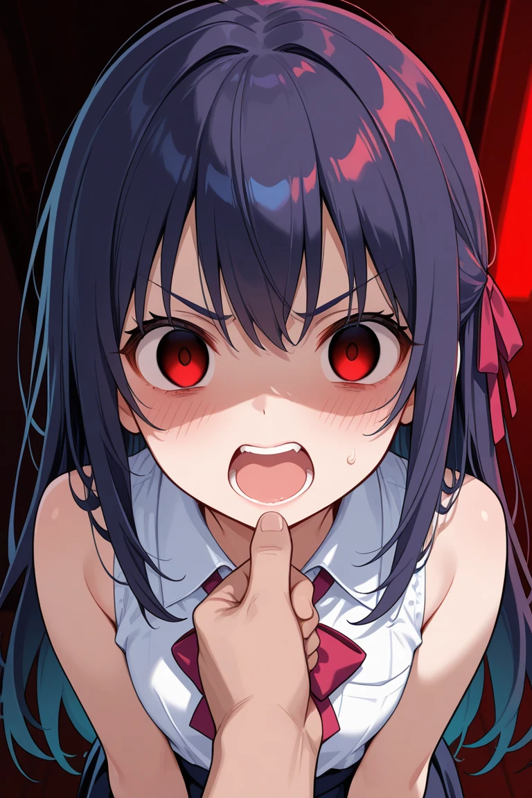 from below, 1girl, upper body,face close-up,smile, open_mouth,blood_on_face,blood_on_body, yandere, blush, yandere_trance, shadow_on_eyes, shaded_face,hands_on_own_cheeks, hands_on_own_face,looking_at_viewer, bare_shoulders,bare_arms,Dark Environment,hell,masterpiece, best quality, very aesthetic, absurdres, horror, blood,death,ruin,,hyuuga_hinata, naruto_(series), naruto_shippuuden, 1girl, white_eyes, no_pupils, black_hair, blunt_bangs, byakugan, hime_cut, large_breasts, long_hair,