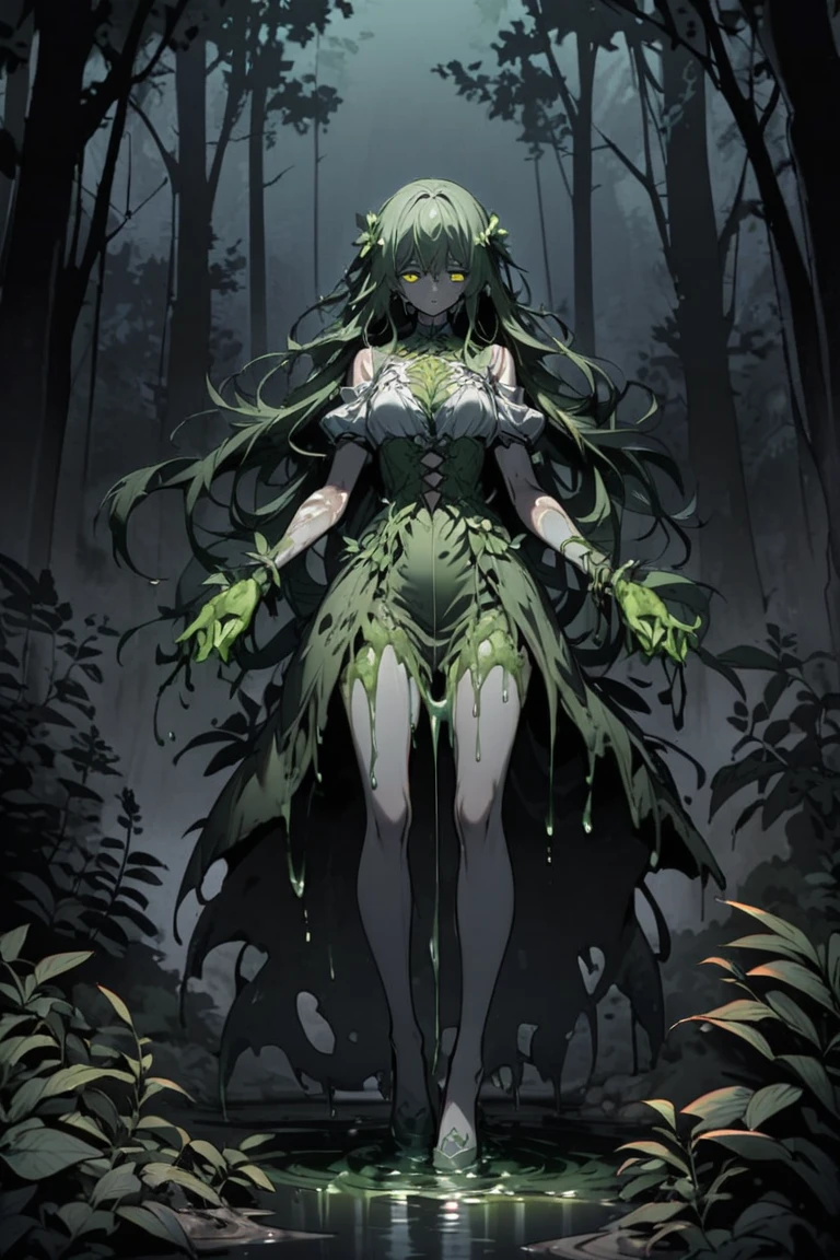 Undead skeletal zombie with open chest inside the chest a black orchid sprout emerges body covered with roots and fungus in its neon green eyes discarded ranger clothing dirt arms covered by roots leg cups with blisters covering its body green blood toxic neon in the middle of a dark forest look at us facing the viewer