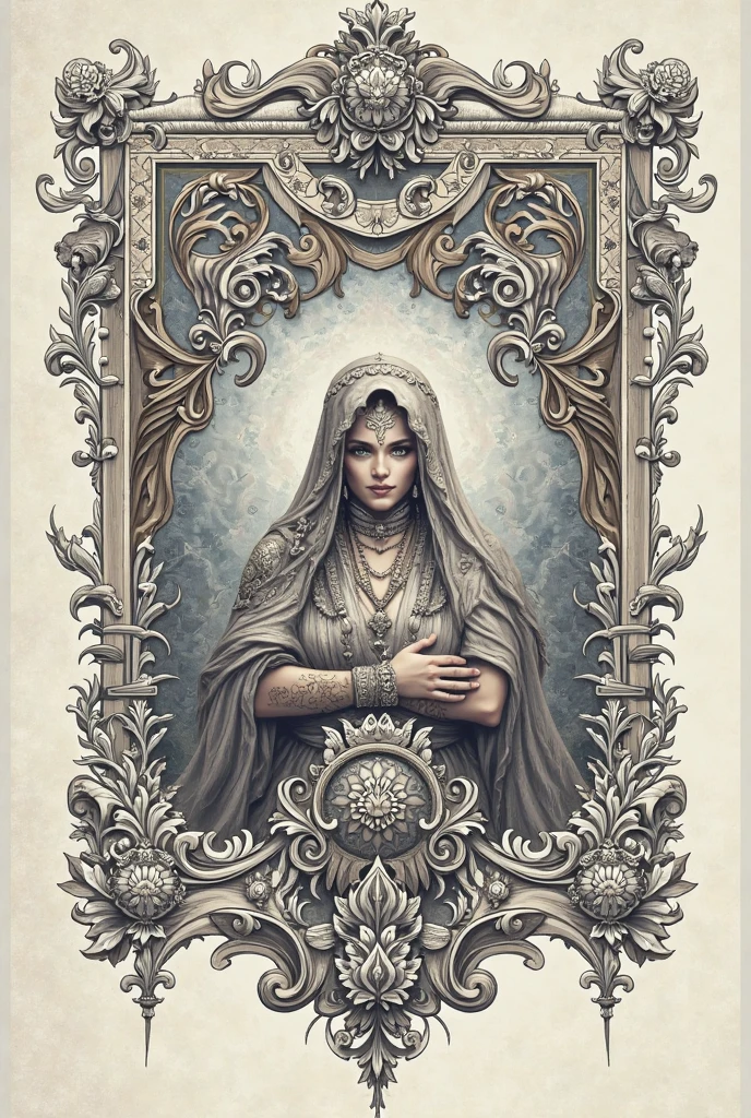 Ink illustration on parchment. A ghostly female . Prophet of Chaos Gods. Undead. barbarian armor Canvas hoods. seductive. eroticism. Runic circle. Elements. Glowing eyes. Bokeh blur.