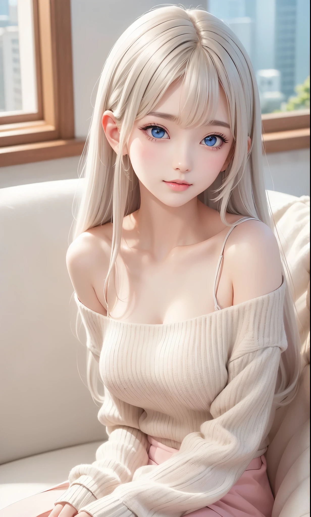 There is a woman in a white dress, artwork in the style of Gwaiz, Gwaiz on pixiv artstation, Gwaiz on artstation pixiv, Gwaiz, Fantasy art style, Gwaiz masterpiece, Beautiful and elegant queen, Beautiful character drawings, Detailed digital anime art, Blonde Princess, Gray Hair, Sky blue eyes, Pink Lips, off shoulder sweater, sara, sitting on the couch