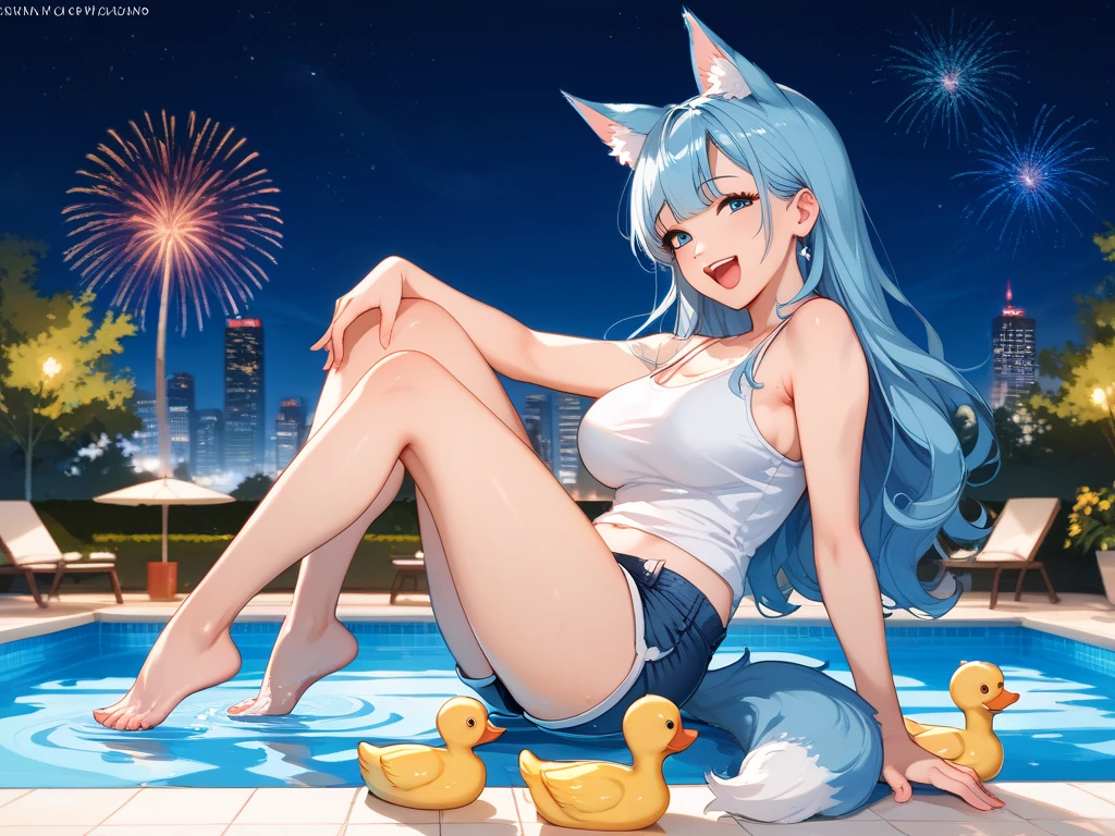 A white haired woman with copper eyes with an hourglass figure with white fox ears and a white fox tail wearing a one piece swimsuit is watching fireworks at the beach on a dock