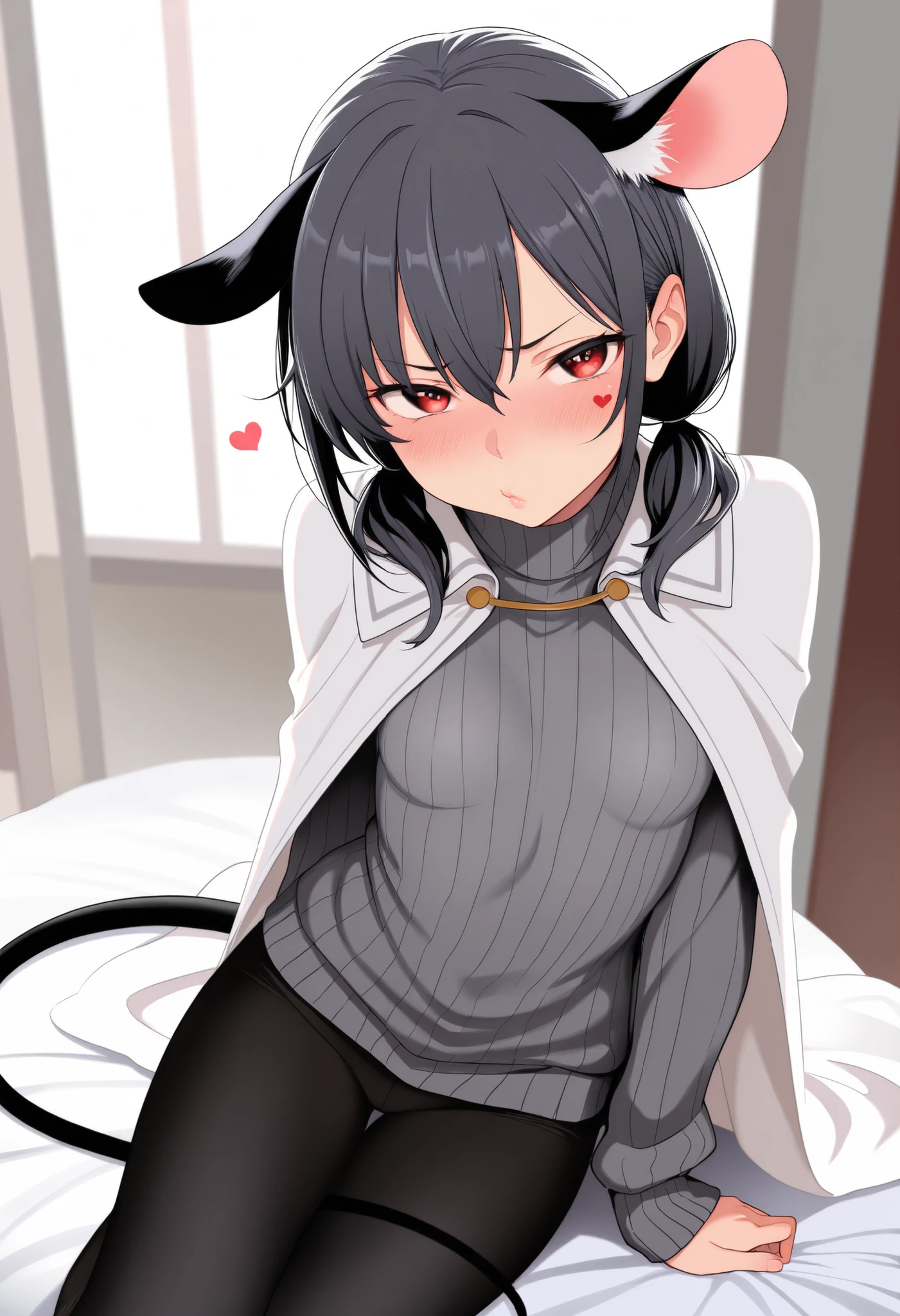 masterpiece, Best Quality, Very detailed, Japanese anime style , 1girl,solo, dark silver hair, low short twintails hair, mouse ears, mouse tail, ((minimal,petite, small breasts, short),red eyes ,blushing, white cape, Grey sweater, black leggings, (about to kiss, lips pouting,)heart mark near her head,