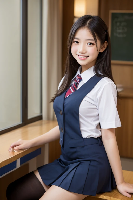 ((school uniform)),ribbon at neck,(school uniform and ((Plaid navy skirt)) and white shirt:1.1), Skin color, big , smile, (8k, RAW Photos, Highest quality, masterpiece:1.2), masterpiece, super detailed, super high quality, (Realistic and Realistic photography:1. 37), High-resolution RAW color photos, Very delicate and beautiful, highly detailed, 8k壁紙, wonderful, detailed, Very eye, very detailed, very detailed skin, very thin fingers, very detailed nose, very detailed mouth, Perfect Anatomy, Upper Body, studio, Soft lighting, A full-body shot of a cute idol wearing a one-piece swimsuit, Playful pose, Hands on hips, smile, Pastel Background, Realistic, Attention to detail, studio photography