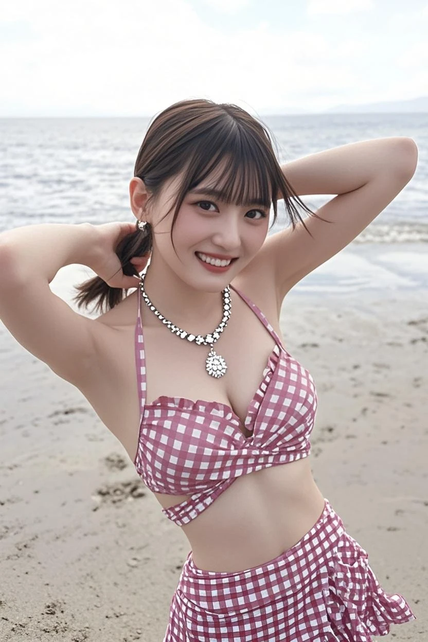 highest quality, masterpiece, Ultra-high resolution, realistic:1.3, solo:1.3, ((Clear Face)), cowboy shot, from front, Obese body, (glowing skin), (looking at camera:1.3), (black bikini), standing at beach, (big busts:1.3), long hair, soft brightness, smile