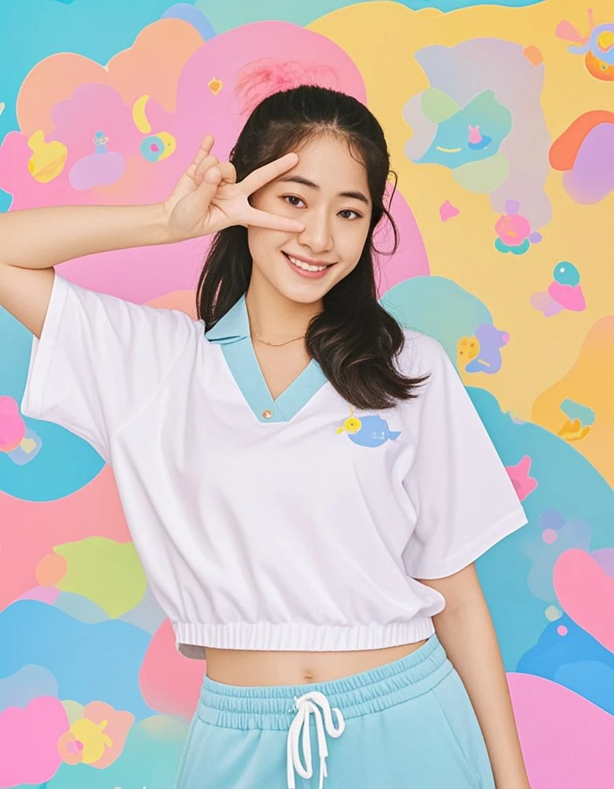 8k, RAW Photos, Highest quality, masterpiece, Realistic, Detailed face, Detailed skin, Warm color temperature, (Simple gray background:1.1), Beautiful Japanese woman aged 35, (short hair:1.1), Asymmetrical bangs, Light brown hair, Full Body Shot, Front view, (One woman:1.2), (Low length:1.1), height: 148cm, , skinny, (Light blue ruffled micro skirt:1.2), (Pink t-shirt for girls with a unicorn illustration:1.2), (Stripee socks:1.2), Huge breasts, Fake breasts, smile