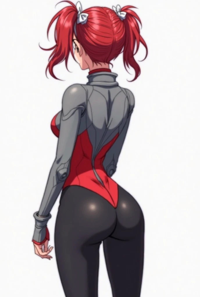 masterpiece,best quality,extreme detail,8k,image sharpness,<lora:ash:0.8>,ash2,1girl,solo,breasts,looking at viewer,short hair,large breasts,simple background,black hair,ass,red hair,multicolored hair,looking back,from behind,hair over one eye,two-tone hair,bodysuit,