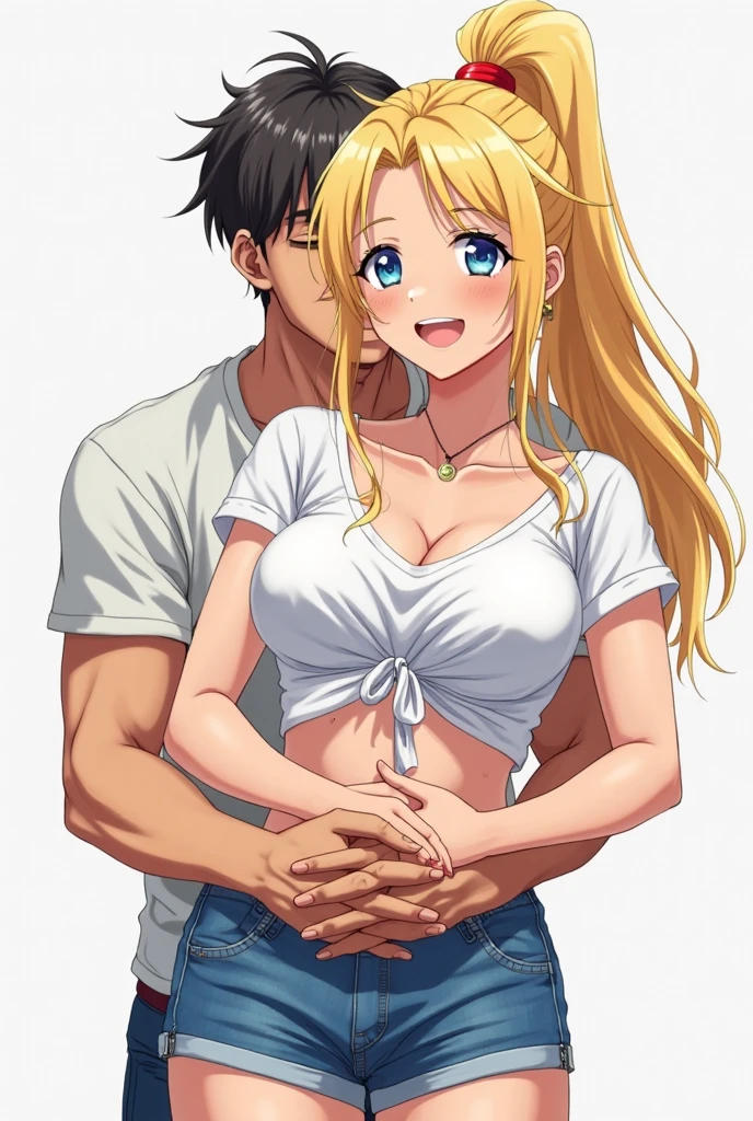 (cute couple), (detailed), perfect face, anime woman in a deep V-neck tied top, (bare shoulders), (jeans), (resting hands on the stomach), (slim woman), (smooth and shiny skin), (best quality), (masterpiece), ((a white skin handsome formal boy is hugging her)), ((the boy is wearing formal shirt and trousers))