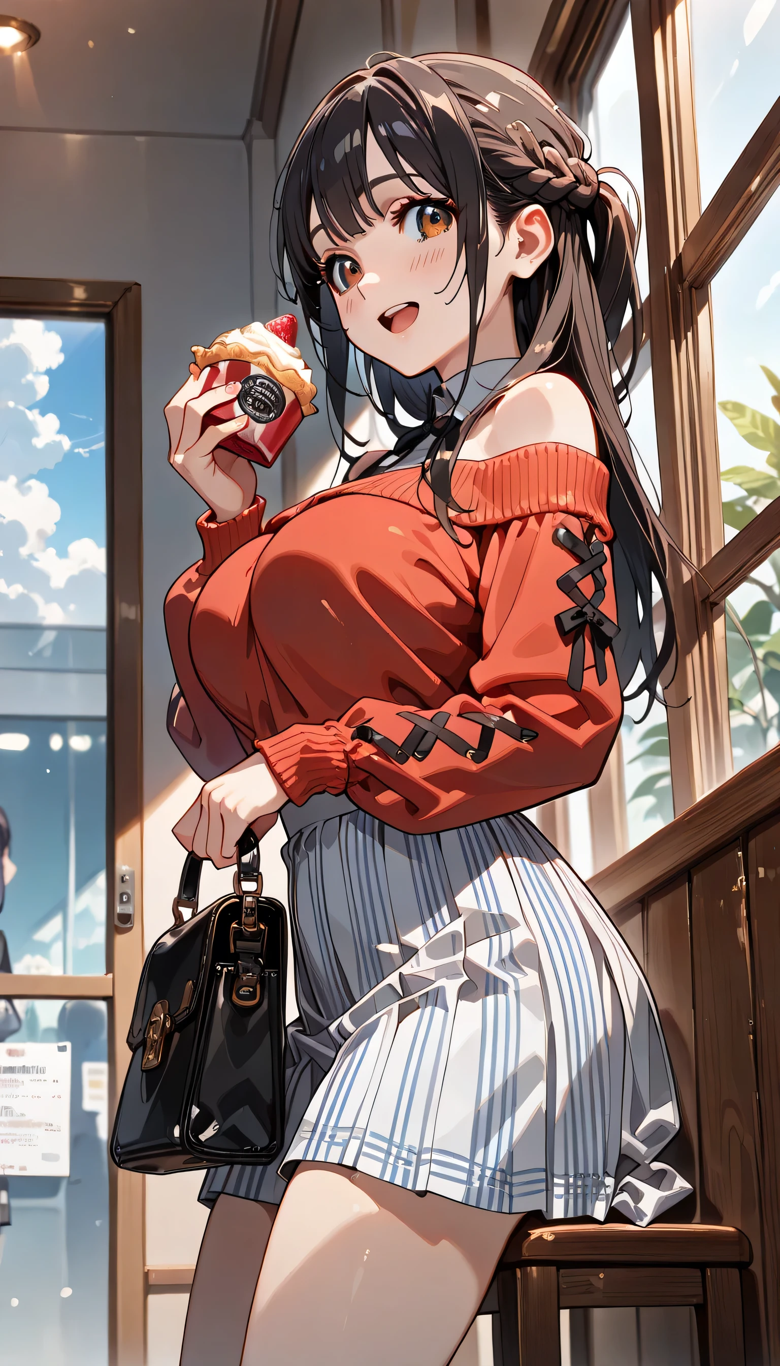 ((ultra-detailed)), (highly detailed CG illustration), (best quality:1.2), ultra-highly detailed, colorful composition, artistic photoshoot, 1girl, solo focus, thigh to top, cowboy shot, moe anime character, girl, dainty facial structure, baby face, round face, rounded chin:1.2, ideal ratio body proportions, thick eyebrows, half updo, Sagging eyes, long hair, black hair:1.3, brown eyes, ((wearing glasses:1.3)), ((round eyewear:1.3)), hair ribbon with light blue, ample breast, off-shoulder with bluepurple, culotte skirt with beige, shoulderbag, youth fashion, casual fashion, looking away:1.3, delicious:1.4, smile:1.4, happy:1.4, joyful:1.4, sit on the cafe terrace:1.4, ((eating cream puff:1.4)), from side, from below:1.4, best quality, masterpiece, expecting, pink cheek, blush, light pink gloss slip, portrait, depth of field, poured sunlight, sidelighting, shine, lighting, caustics, ray tracing, perfect face, lustrous skin, highly detailed face, highly detailed eyes, perfect face, perfect nose, perfect hair, perfect eyes, perfect anatomy, beautiful hair, beautiful small face, extremely detailed face, beautiful detailed eyes, beautiful clavicle, beautiful body, beautiful huge breasts, leavage, breasts squeezed together, equalize the size of the left and right breasts, beautiful thin thighs, beautiful legs, beautiful fingers, 4 fingers, 1 thumb, lovely, (very detailed background:1.0), (highly detailed background:1.0), intricate details, joyful atmosphere, colorful and sparkling colors palette, chromatic aberration