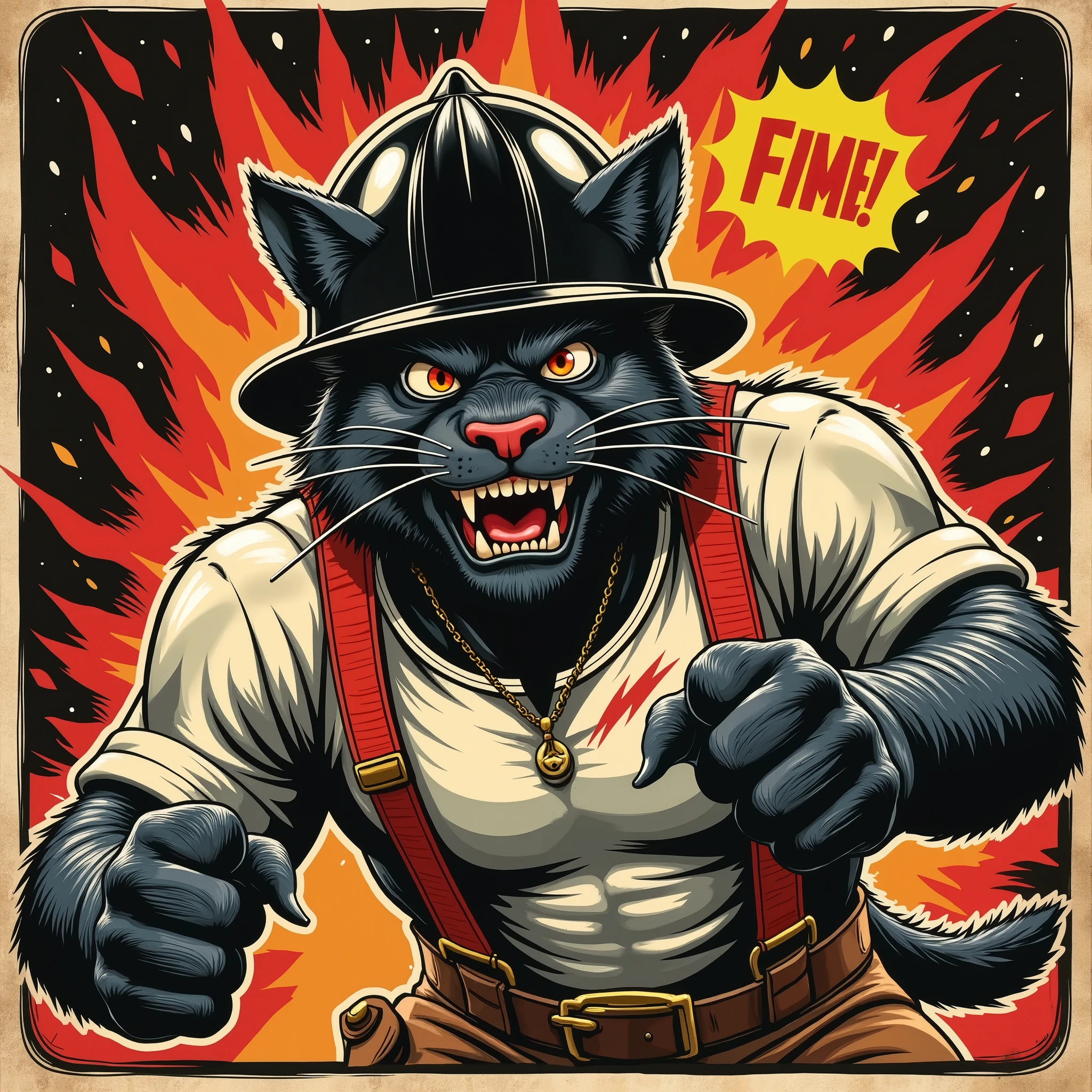 Vintage 70s action comic book cover, Vector Style, lowbrow art, A fierce, untamed muscular anthropomorphic black feral cat with wild eyes, sharp claws, and a rugged appearance. The cat looks serious and confident, symbolizing strength, fearlessness . He is wearing a black firefighter helmet. tight whit t-shirt, red suspenders and brown cargo pants. the cat is in mid air, in a pouncing position. the image has a charcoal black and burnt orange color scheme. The overall vibe is edgy, intense, and perfect for a fearless firefighting team logo. no background just the cat.