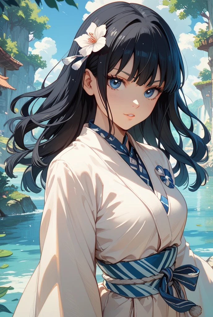 (masterpiece), (Highest quality), Ultra-high resolution, Sharp focus, ((1 female, alone)), Upper Body, hatsune miku,beat the Japanese drum,in the same way,sarashi,Defending honor, Perfect feminine face,stage,Beautiful breasts,In the meadow,Large Breasts、Long black hair,Large Breasts
