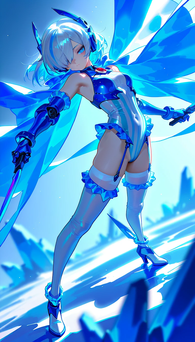 (high-res, vivid colors), blue bird alien, detailed feathers, sparkling eyes, alien landscape, vibrant colors, surreal atmosphere, glowing lights, otherworldly features, intricate patterns, dreamlike scenery, Arctic Frost Ranger: A suit featuring icy blue and frosty white hues, accented with snowflake patterns and frost crystals. This Ranger commands the power of ice and cold, with abilities such as creating blizzards, forming ice constructs for defense, and freezing enemies in their tracks.