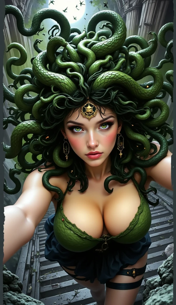 (Very high resolution), (Calidad de la obra maestra), Escultural oscura y detallada, (Medusa: 1.3, Gorgona: 1.2), ojos verdes, dientes afilados, balanza, (Sombra y luz), tetas perfectas, totalmente desnuda