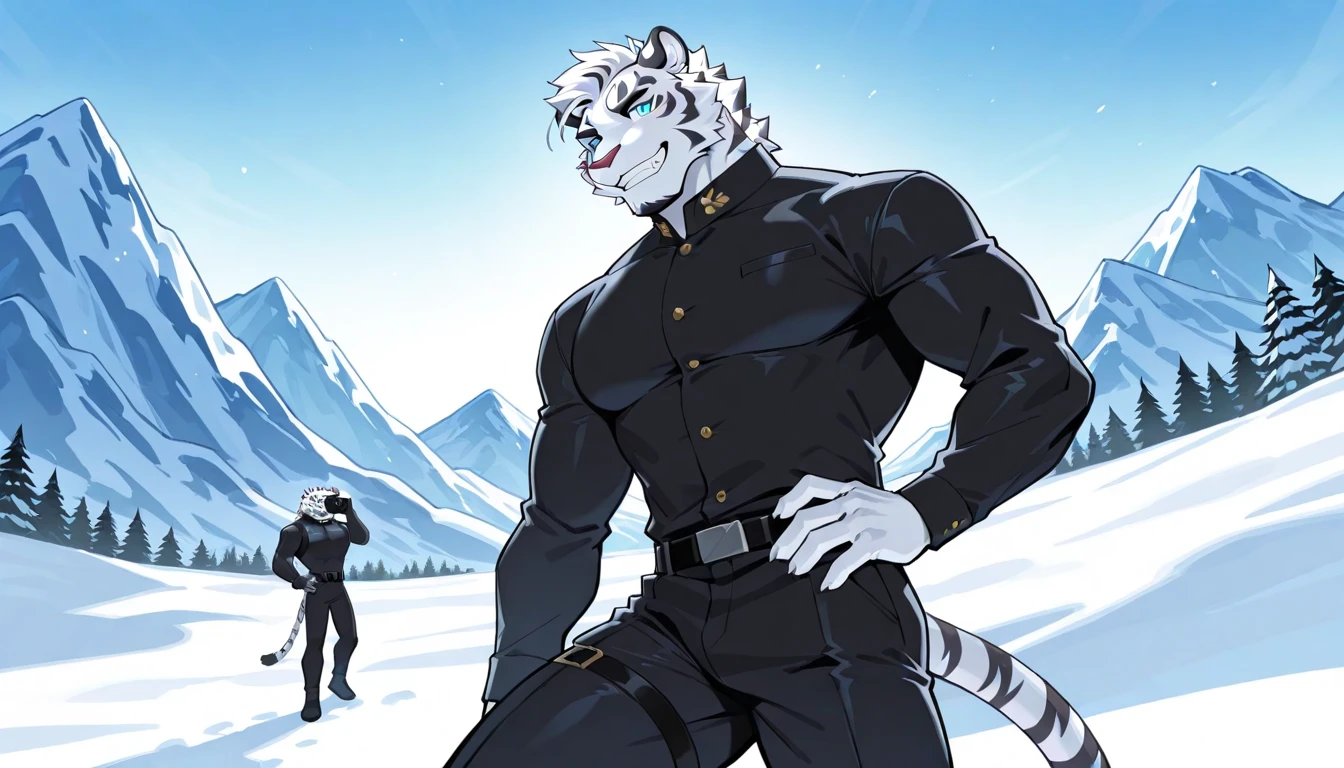 A furry snow leopard is wearing a white military hat, a white coat, and white pants. The left eye of a snow leopard is red, and the right eye is blue. With confidence on his face and a raised nose, he possesses strong chest and abdominal muscles, and a smile on his face. Coordinate body proportions.