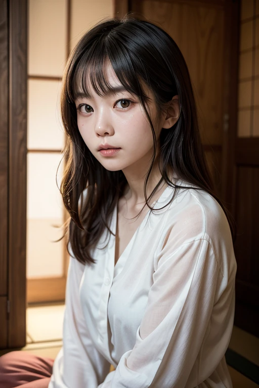 highest quality, Face Focus, Soft Light, Ultra-high resolution, (Realistic:1.4), RAW Photos, 1 Japanese girl, alone, cute, (pupil, Light in your eyes), Beautiful face in every detail, (),(High resolution detail of human skin texture), (Long Hair), indoor, Damask Shirt Dress, (Portraiture)