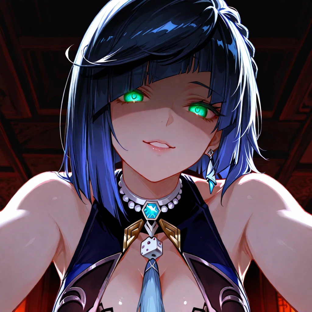 perfect body, sensual cleavage, medium breasts, black suit, Christmas outfit, Ultra HD, 4k image, view of the character from above, best image quality, (fidelity: 1.4), light green globe eyes, eyelashes, beautiful pupil, shadows , slight blush, delicate facial features, reasonable facial features, bare shoulders exposed, waist exposed