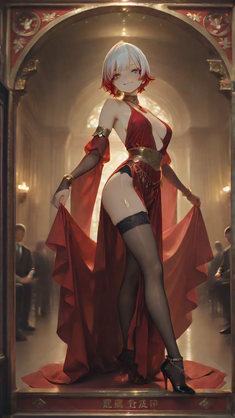 Inside a grand, candlelit ballroom, a giantess dances slowly, her elegant movements mesmerizing those around her. Normal-sized attendees watch in awe and arousal, their imaginations running wild as they observe her graceful, seductive sway.
