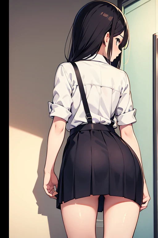 Black Hair, Long Hair, Cute Hips, lure, ,(Cotton shirt、skirt、Border Shots、Striped thigh-high stockings), (Turn around and put your hands on the wall), Bend、nsfw、BREAK Perfect Anatomy、Highest quality、(cute:1.1)、(cute)、(High resolution:1.2)、Unbelievably absurd:1.3、Incredible illustrations、(cuteイラスト:1.2)、Beautiful background、(1 girl) 、solo)、(10th Generation、JK、 face、Small breasts:1.2)、slender、(skirt lift,upskirt,from behind)、、、Eye highlights、embarrassed