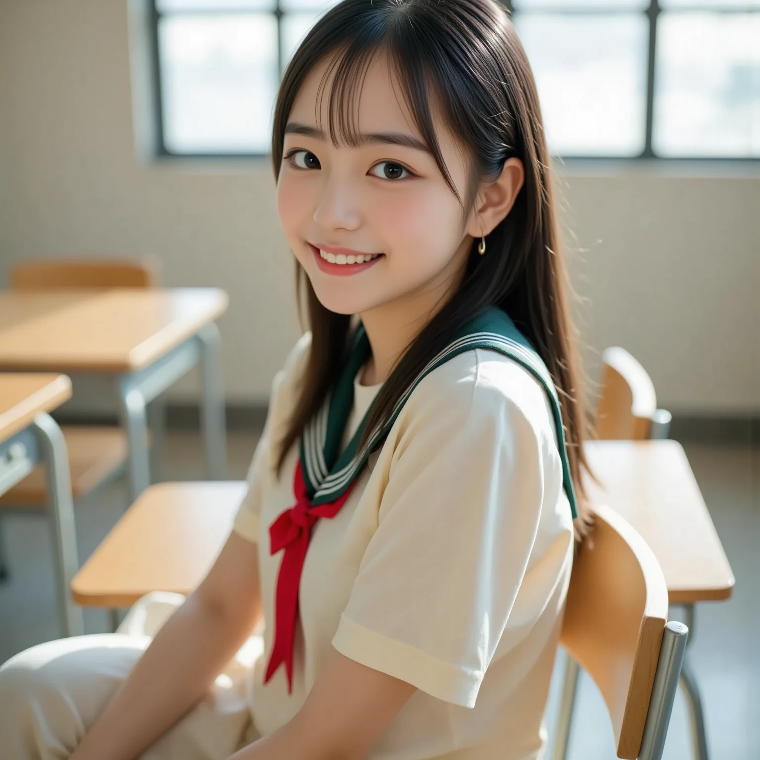 baby face, Japanese cute girl, knees up, high school girl, 14 years old, ((hand between legs, sitting)), ((lyokozuwari)), (((gaudy underwear))), strong light coming in, (((boy on top, missionary, face to face:1.3))), vaginal , a girl, open legs, ((nsfw)), highly detailed, be breathless, small breasts, classroom, blurry high school uniform background, (((crowd))), (sweat:1.5), looking happy smile, from behind, ((turn around))