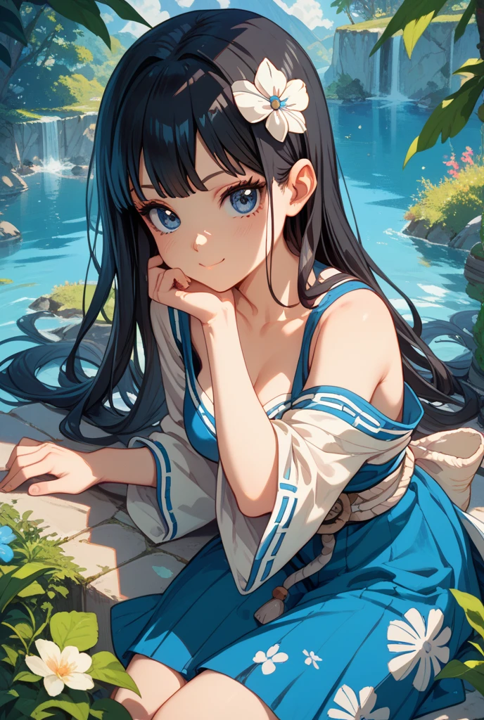 In an expressive manga style, Jagged edges, blue skirts,Lake Behid,flower ring,Floating hair,Detal Face, Nice face,character from pokemon, best qualtiy, 16k, Vivid colors, Detailed,Best quality
