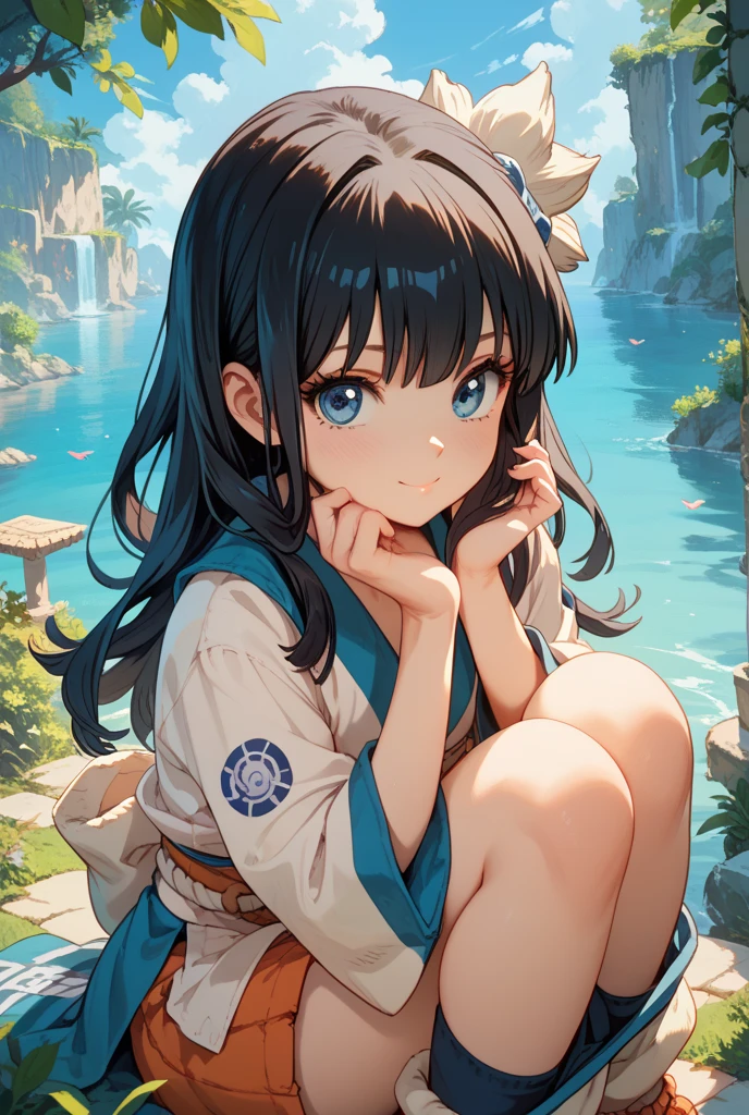 best quality, (masterpiece:1.2), illustration, absurdres,
(1girl, solo), (beautiful detailed girl),
<lora:LadyHayakawa:0.95>, Lady Hayakawa, black hair, long hair, blue eyes, small breasts, hair ornament,
aqua dress, grey boots,
garden, distant sea, distant ocean, mediterranean buildings, white buildings, castle on top of hill,
looking at viewer, gentle smile, blush,
(squatting:1.2), from below