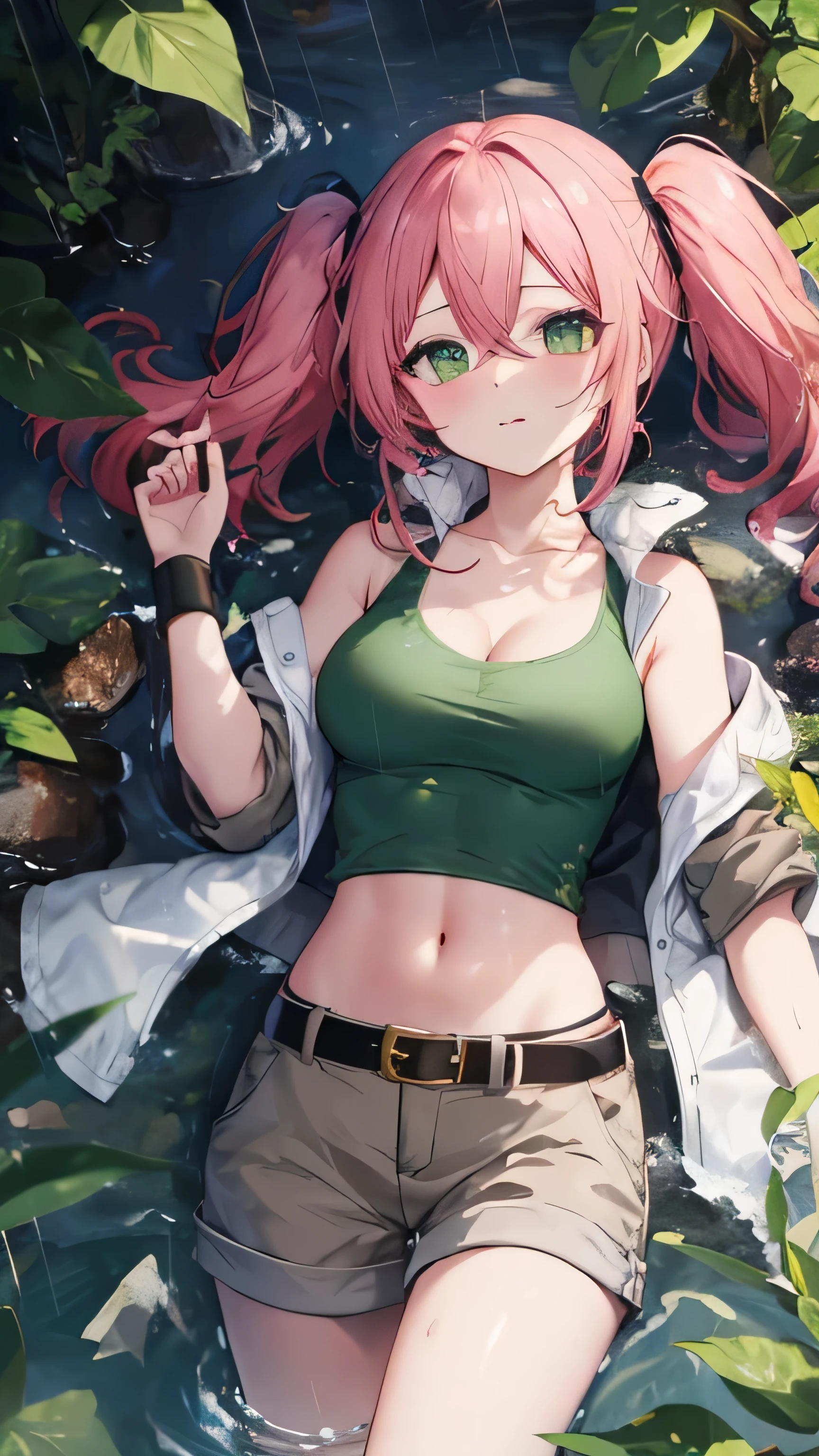 Nadia Cassel(ms)，pink hair,twintails,long hair,sidelocks,hair between eyes,parted bangs,green eyes,collarbone,cleavage,crop top,midriff,beige vest,tank top,green shirt,medium breasts,wristband,navel,belt,brown shorts，特写镜头，cute face，from above，bare shoulders，动漫女孩的详细肖像，close-up, multiple views，forest，rain，腋，lying on water，river