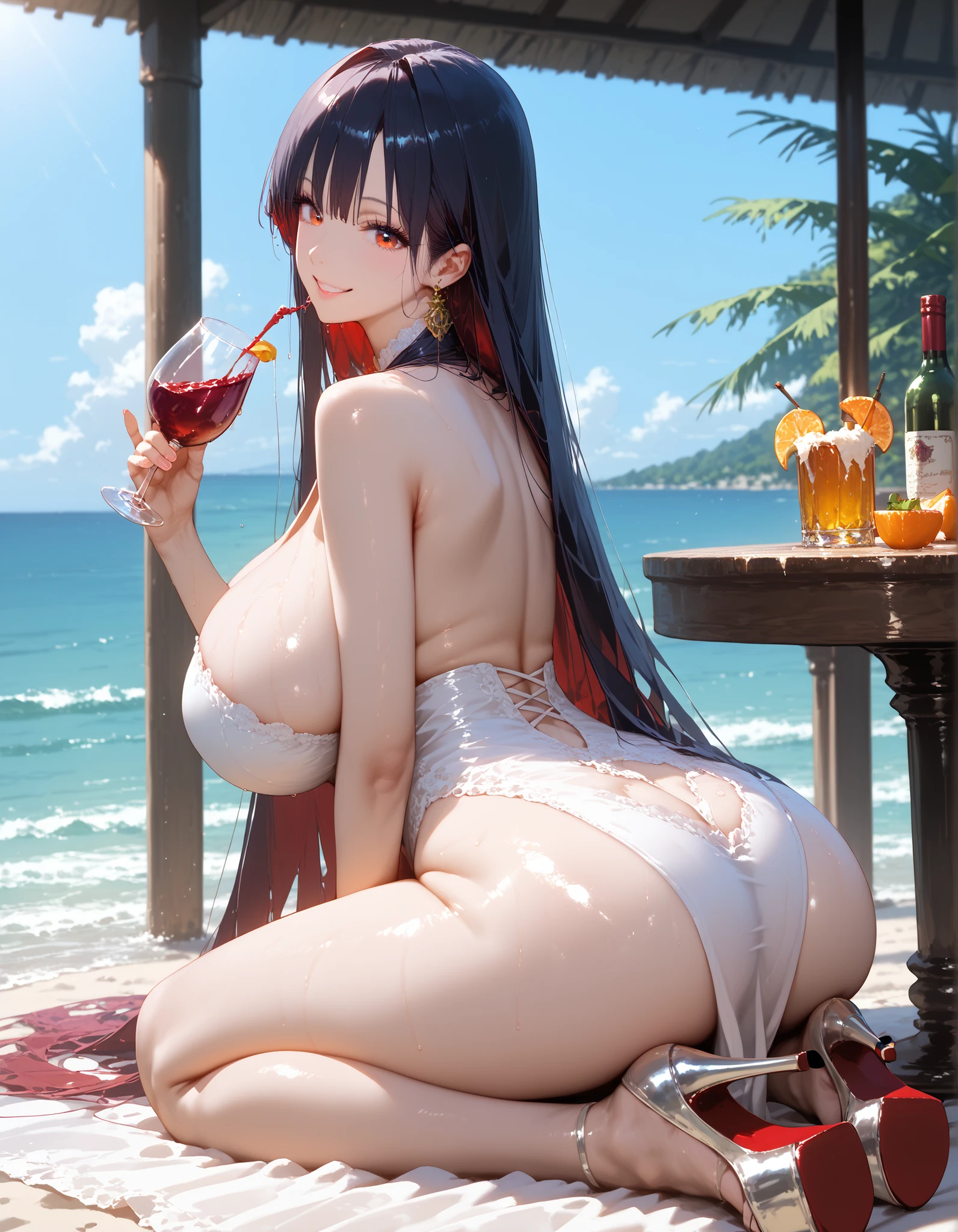 (Very detailed, highest quality, Anatomically perfect body),Mature Woman, One girl, Anime Girls,(spread pussy:1.6),dark blue hair,ponytail,long hair,blunt bangs, dark blue eyes,heart shaped pupils,[[pale skin]],Glowing Skin, Large Breasts,beautiful breasts,pointy breasts,long nipples,erect nipples,(Big Ass),beautiful ass,sweat,wet,ahegao,Embarrassed,(Pussy Focus,From before:1.3),(Urge to urinate:1.6),(bladder full:1.6),(Urination Desire:1.6),(Person urinating:1.6),(Erotic Body Twist:1.6),(shame:1.6),(orgasm:1.6),pink highleg swimsuit,bottomless,lower body,sweat,wet,squatting,(open legs),panties under pantyhose,arms behind head,Groin tattoo,glowing tattoo,Wisteria flower,at park,(lemon juice),(orange juice),(Pineapple juice),(Mango juice),(water),