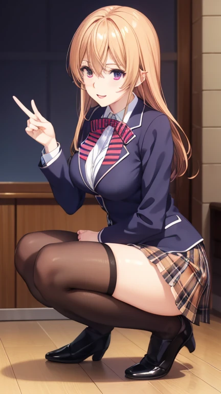 (((Spread your legs)))、Uniform Blazer、Beautiful beauty、Golden Hair、((whole body))、(((Photo taken from below)))、school gate、Large Breastini skirt、panties are purple lace、Japanese、Tall、Long limbs、Hairstyle: Short hair、loose socks