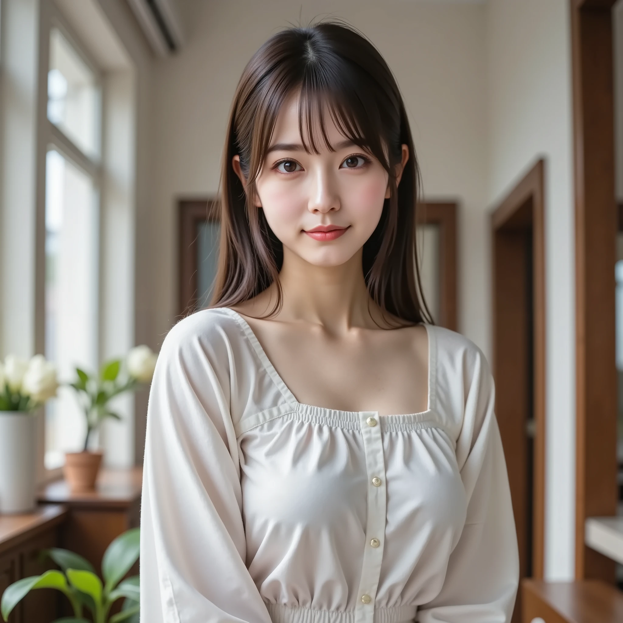 masterpiece, Ultra High Definition (8k) 日当たりの良い教室で机に座っている美like日本の女子高生のフォトリアルな画像. she's smiling softly, lively young々like表情で. her classic sailor suit is her big chest Very tight around, the fabric stretches to follow her chest, clearly emphasizes her plump figure. The uniform consists of a short-sleeved shirt, and a navy blue ultra-short pleated skirt, red tie, . she is confident and sits at her desk, Her posture is relaxed yet powerful, her legs are gracefully crossed、They're slightly open、美like脚と太ももを見せる. her face is adorable and young々like, slightly rounded, small nose, glossy lips, large brown eyes with double eyelids, natural makeup. Her long, her wavy black hair has asymmetrical bangs. the lighting is soft、cinematic, the tightness of her chest uniform Emphasize, stunning high-resolution effects, and the realistic articleure of the fabric. is depicted with perfect anatomy down to the details, focus on the tight fit of the sailor suit, lively classroom atmosphere, and a realistic depiction of the scene.
Negative prompt: Low quality, blurred, Transform, Extra limbs, clipped head, watermarks, article, nsfw, explicit, nude, Exaggerated anatomy , cartoon, Painting