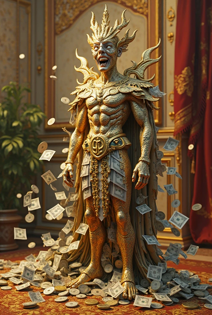 Greek statue with sunglasses and gold cord, with lots of money scattered on the floor --auto --s2