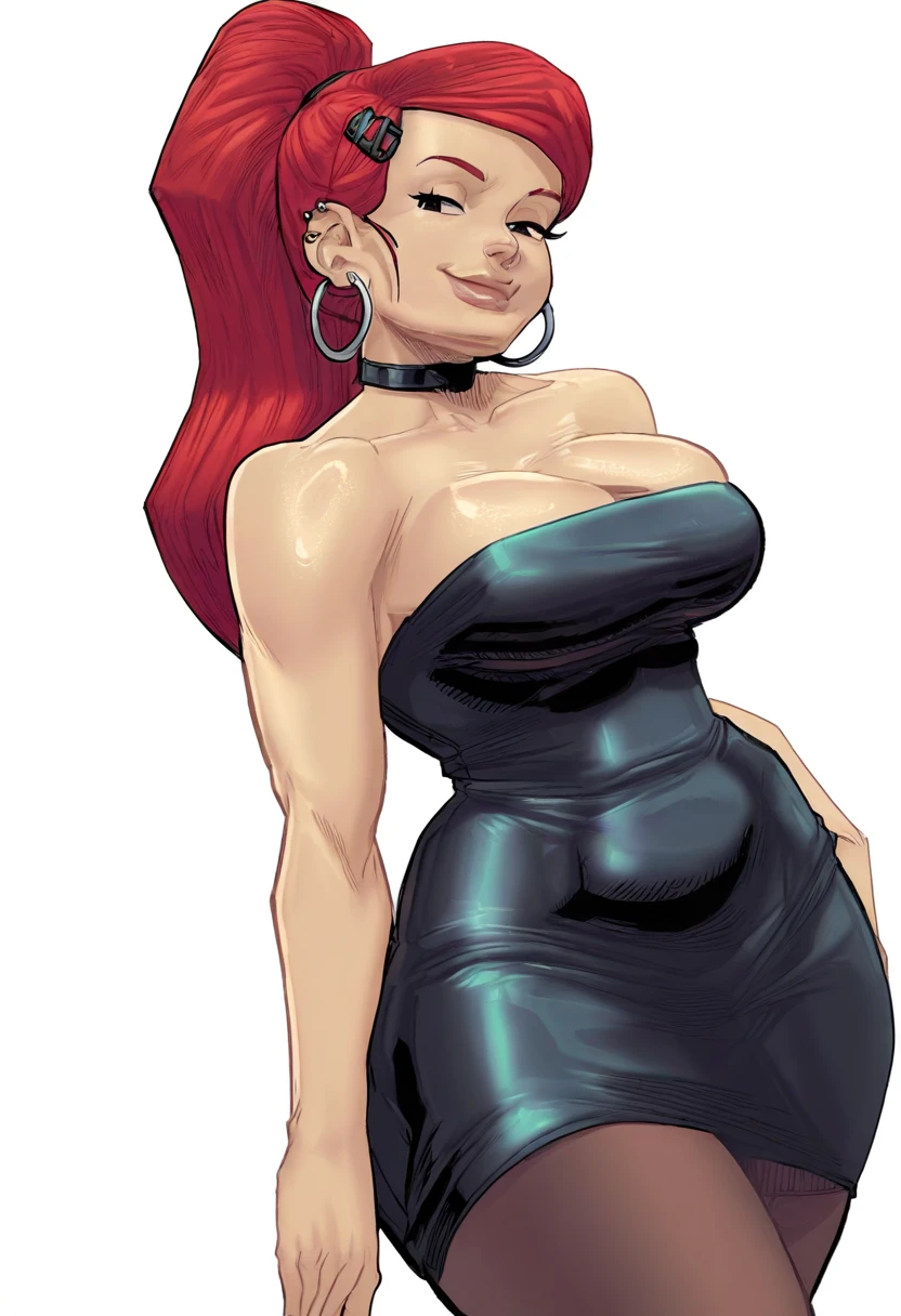 ((masterpiece, best quality)),solo,1girl,  highres, detailed, soft lighting, long hair,power dress, pearl necklace, crown,smile, missing tooth, black outline, large breasts, pink long gloves,full body,wear high heels.