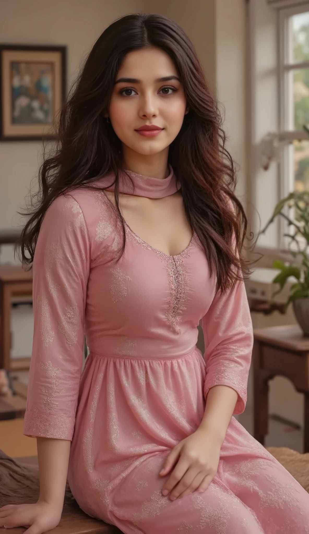 A 20-year-old woman sits gracefully in a room, with a gentle smile. She is wearing a nightgown of any color, which reveals her tight-fitting body. In the background is a room filled with vibrant designs, which further enhances the calm atmosphere. Her hair is flowing elegantly, which complements her radiant expression. Soft, natural lighting highlights her features, showcasing the beauty of the traditional dress.