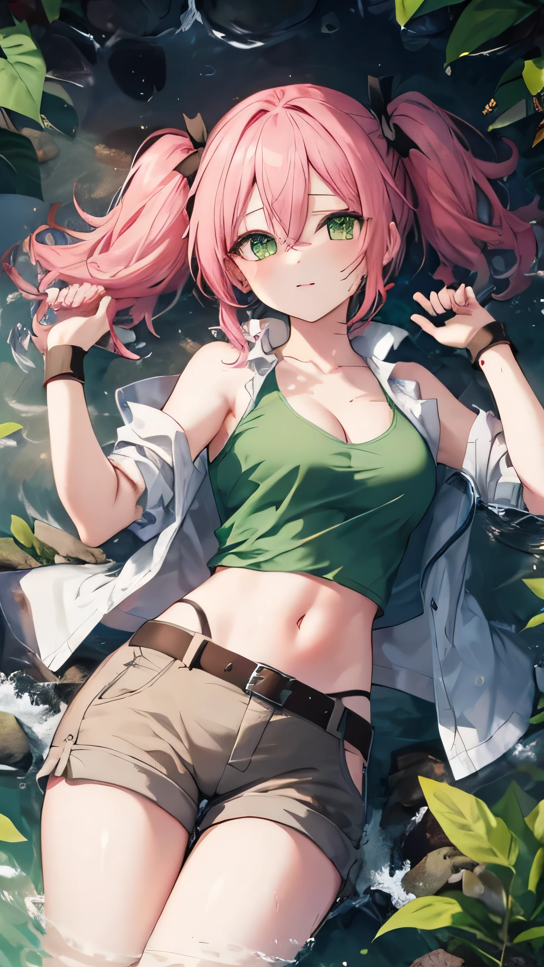 Nadia Cassel(ms),pink hair,twintails,long hair,sidelocks,hair between eyes,parted bangs,green eyes,collarbone,cleavage,crop top,midriff,beige vest,tank top,green shirt,medium breasts,wristband,navel,belt,brown shorts,特写镜头,cute face,from above,bare shoulders,动漫女孩的详细肖像,close-up, multiple views,forest,rain,腋,lying on water,river,navel,cleavage,