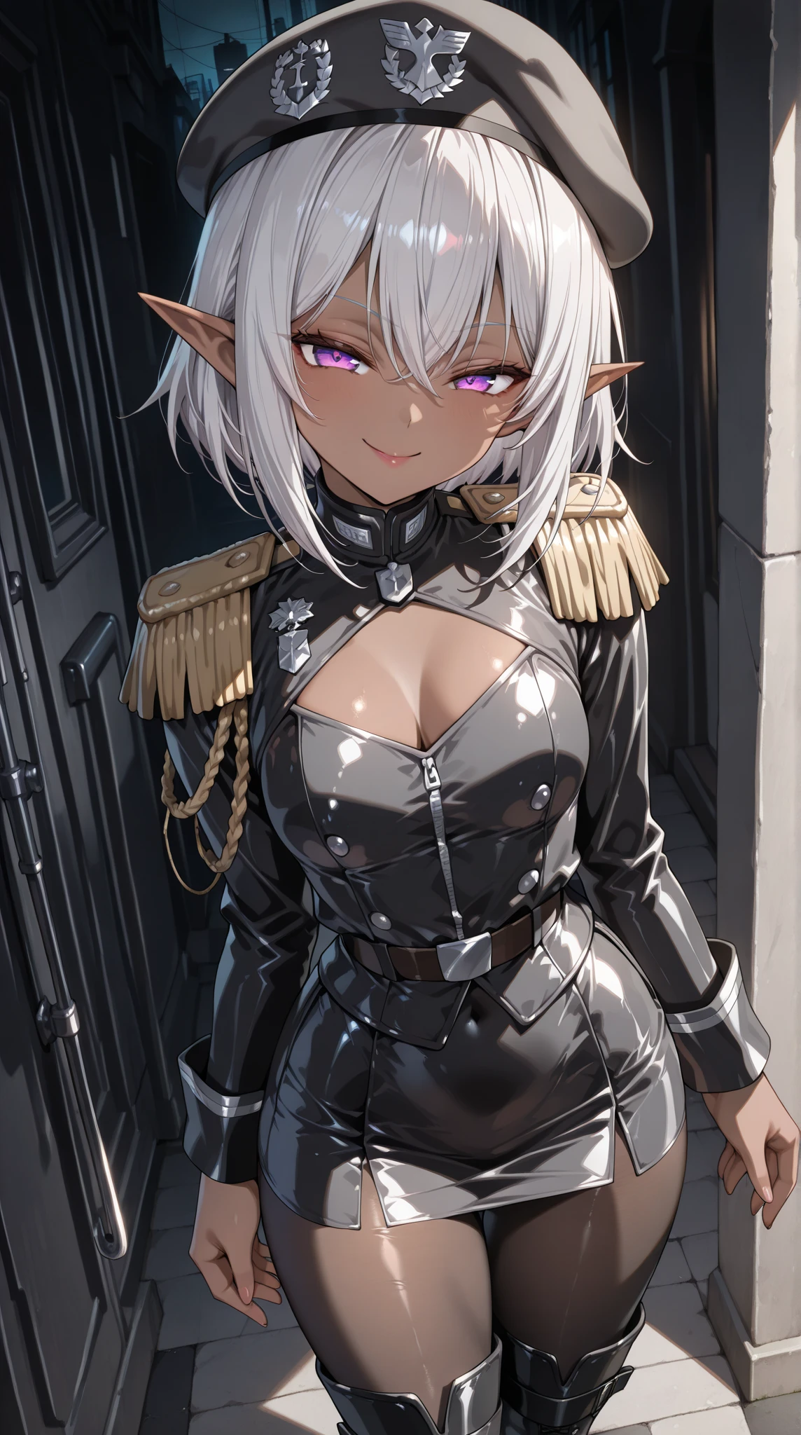 Beta <lora:Beta - NOxT:0.9> elf, young beautiful woman, (silver hair, short hair, braid), blue eyes, bodysuit
