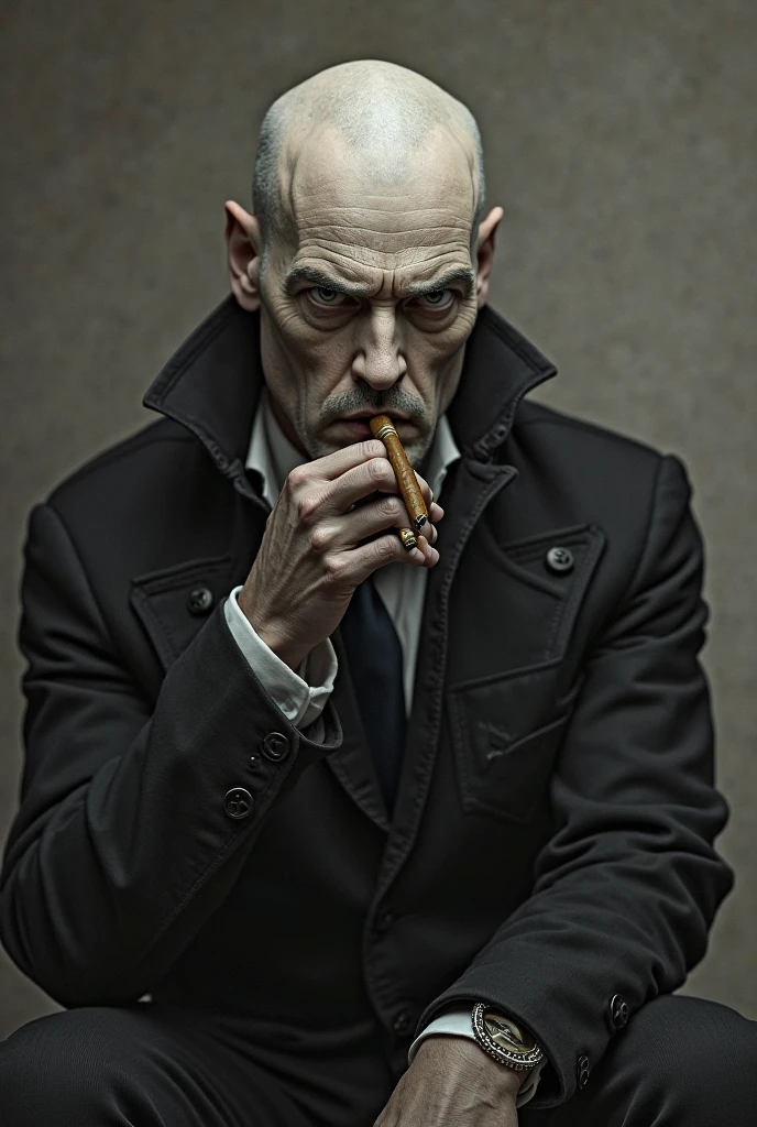 Short white hair, fatter, wears a black coat, smokes cigar, has a mustache, Drooping face, wear boots, also 1&#39;85, wears black pants