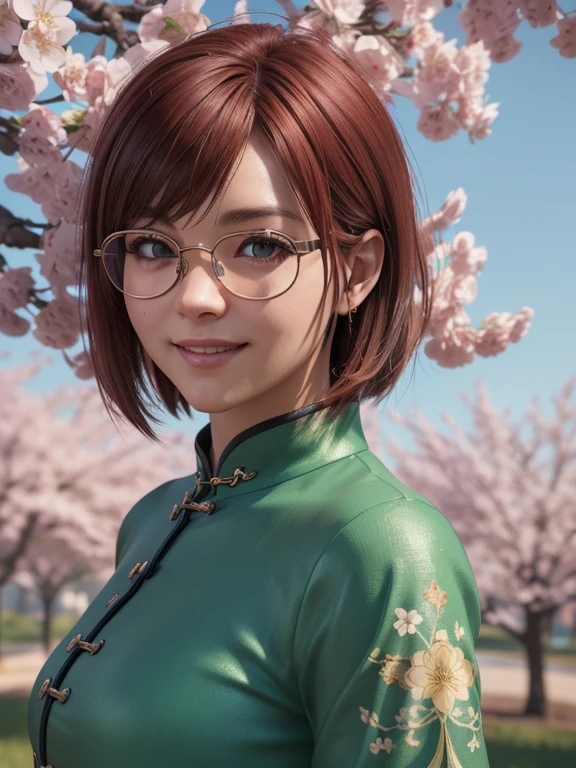 portrait, Close-up, upper body. looks at me. The cherry tree is blooming in the garden.. Short, Red hair, green eyes, green qipao, smile, girl 15 years old. (masterpiece, top quality, Best quality, official art, beautiful and aesthetically pleasing:1.2), extremely detailed,(fractal art:1.2),colorful,The most detailed, (dynamic pose), (Many colors:1.4). ((split. skin texture, Shiny skin. elegance. photorealism. unreal engine. 3D model. Ultra high quality textures. high detail. permission 8k))