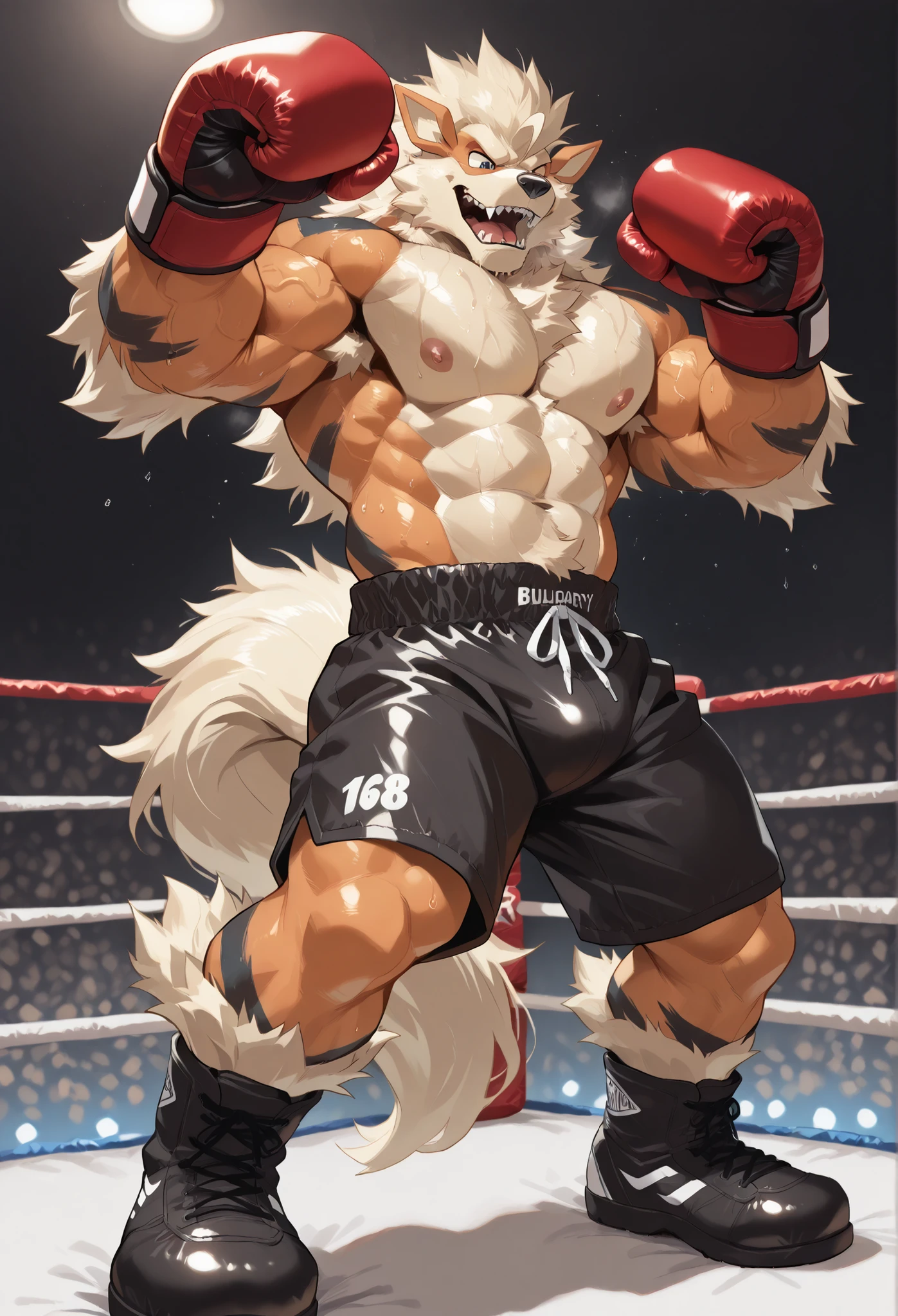 4K, masterpiece quality, pov_boxing, bravely Looking down on the losers, black boxing shoes, red boxing gloves, black boxing shorts with gold embrems, bulge, full body, depth of field, boxing, wildly posing with his chest out, fist pump pose with arms rising high, boxing ring background at midnight, Arcanine heavywait boxing champion, gay, furry male, bulging heavy muscular, powerful arms with protruding veins, wildly looking down on loser, bold expression, roaring triumphantly, bravely eyes, large pectorals, sweaty body, Angle of the loser looking up from directly below, steam, wearing red boxing gloves,