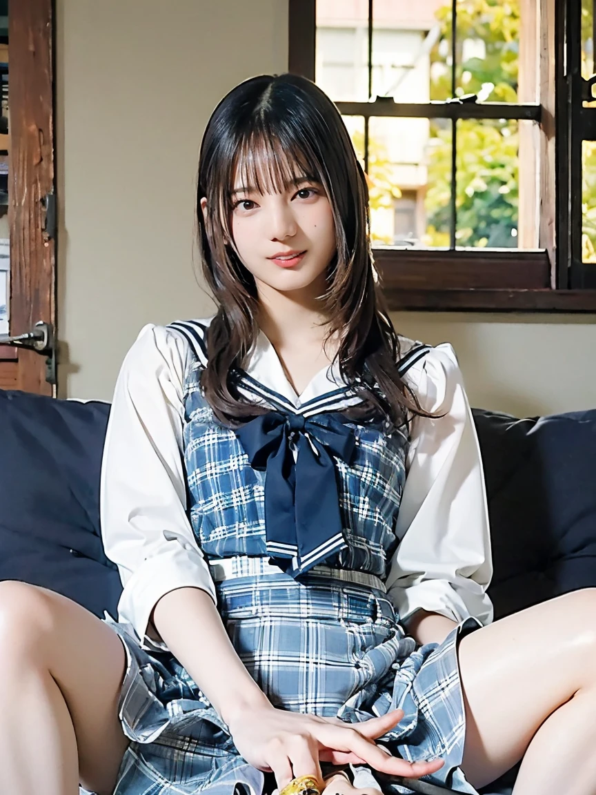 ((highest quality、8k、masterpiece:1.3)),((((fullbody shot)))),Ultra-high resolution,big eyes,Japanese,forehead,bangs,(a girl),(1 girl),((20 years old)),((facing at viewer)),(long hair),(((black sailor uniform))),grin,((sitting on chair)),(pleated mini skirt),(((pussy))),((skirt lift))