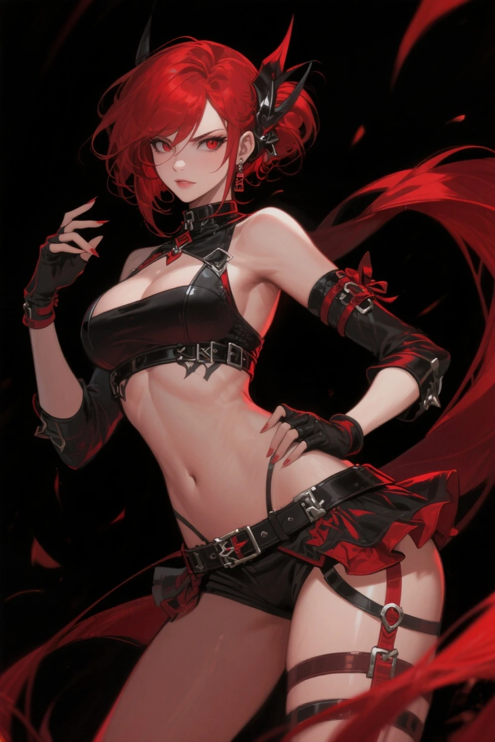smile,     <lora:HakosBaelz:0.95>  BaelzBlackberry, ponytail, shrug_\(clothing\), bodystocking, short shorts, thigh boots,  <lora:Dishwasher-Style-v2:1>, ultra detailed, masterpiece, best quality, aesthetic, detailed,