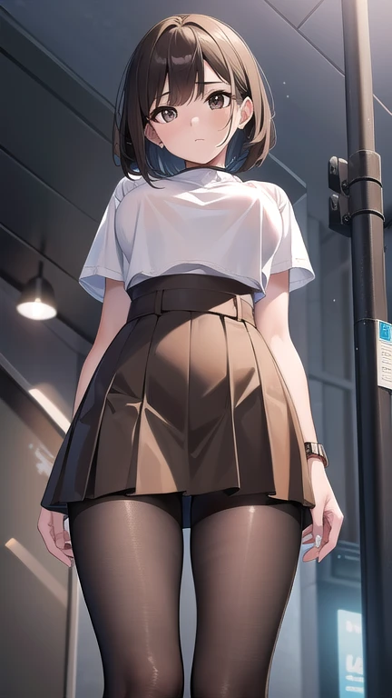 nobarakugisaki, nobara kugisaki, bob cut, (brown eyes:1.7), brown hair, lips, short hair, BREAK belt, brown belt, brown pantyhose,white crop top, crop top overhang,wet crop top,pantyhose, pleated skirt, shirt tucked in, skirt, blue skirt, blue crop top, BREAK looking at viewer,festival, BREAK (masterpiece:1.2), best quality, high resolution, unity 8k wallpaper, (illustration:0.8), (beautiful detailed eyes:1.6), extremely detailed face, perfect lighting, extremely detailed CG, (perfect hands, perfect anatomy),street,night,wet road, from below,bend over,on knees,nipples.