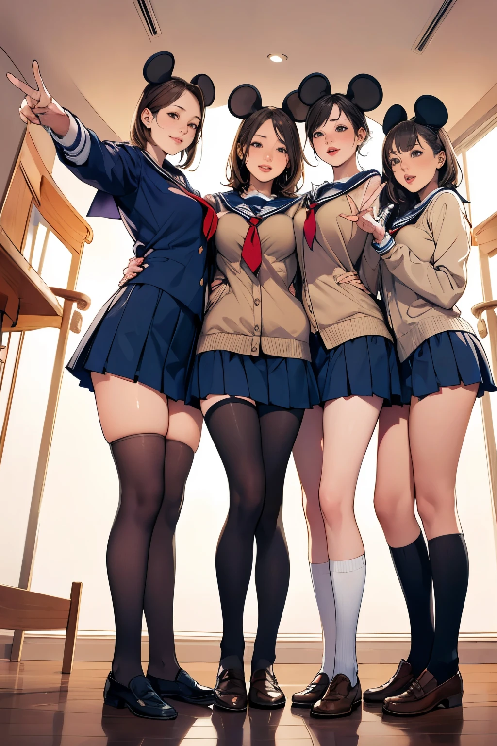 ((Highest quality)), ((masterpiece)), (High resolution), 8k, Best Shadow, The best natural light, Cinematic, (Back view of four adult women climbing stairs:1.3), (Brown Hair, Stylish hairstyle), (Navy blue sailor collar、Fashionable white shirt, Sailor suit, Navy Pleated Skirt, Navy blue socks:1.3), Angle from the rear, peaceful cityscape, Station stairs、On the way to school, (The wind is blowing up from the ground, flipping up her skirt and revealing her panties:1.4), (Sexy and cute white satin panties, Sexy and cute light blue satin panties, Sexy and cute blue satin panties:1.4), Slender body,Beautiful thighs, Embarrassed look, Perfect lighting, Perfect Shadow, Exact finger count、Exact number of legs, Exact number of arms, Exact number of hands, Perfect hands, Perfect Anatomy)