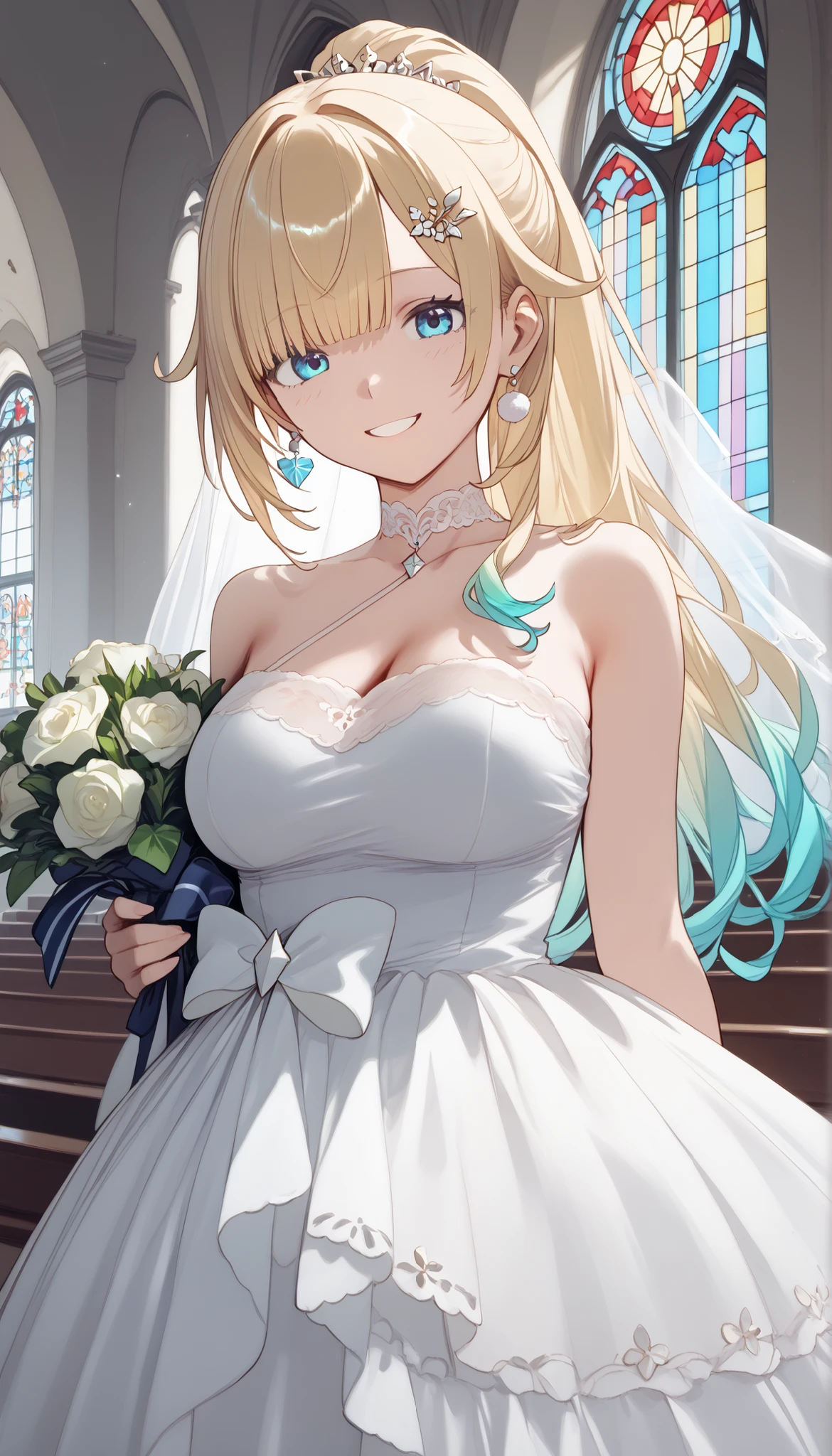 masterpiece, score_9, score_8_up, score_7_up, anime, pinup, masterpiece, full twinkle, perfect face, best quality, high resolution, aizawa ema, 1girl, virtual youtuber, blonde hair, aqua hair, gradient hair, long hair, very long hair, blunt bangs, blue eyes, competition wedding dress, (white wedding dress), large breasts, high ponytail, standing, frontview, church, more beautiful stained glass, wedding, smile, bouquet