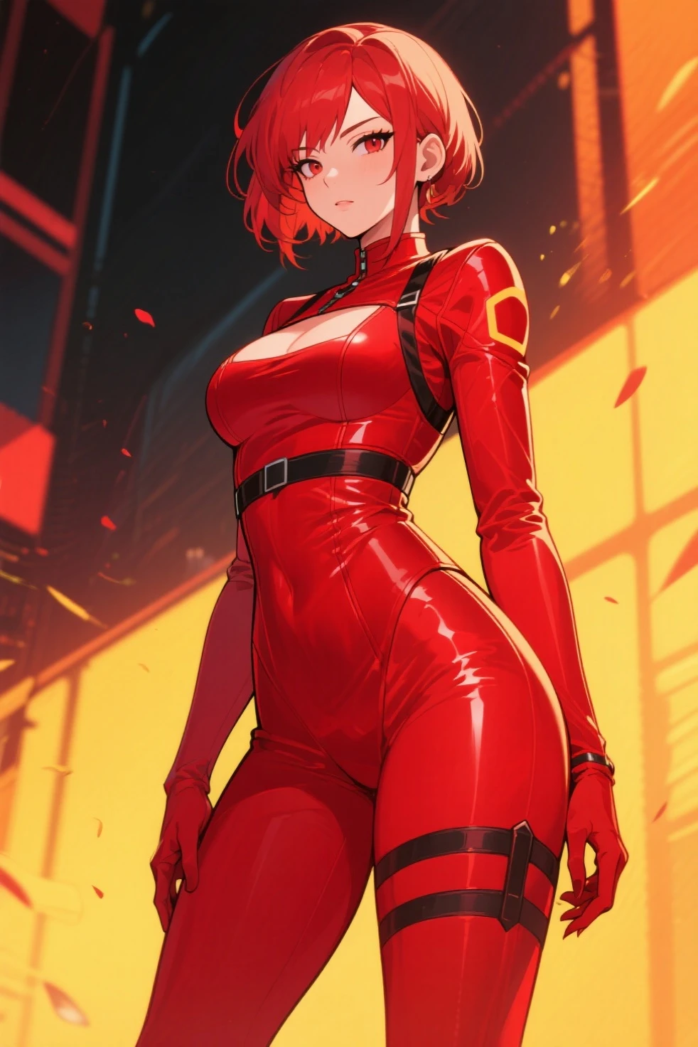Girl, short red hair, circle above her head, pointed ears, tight red dress that covers her entire body, TV in her stomach, big breasts.