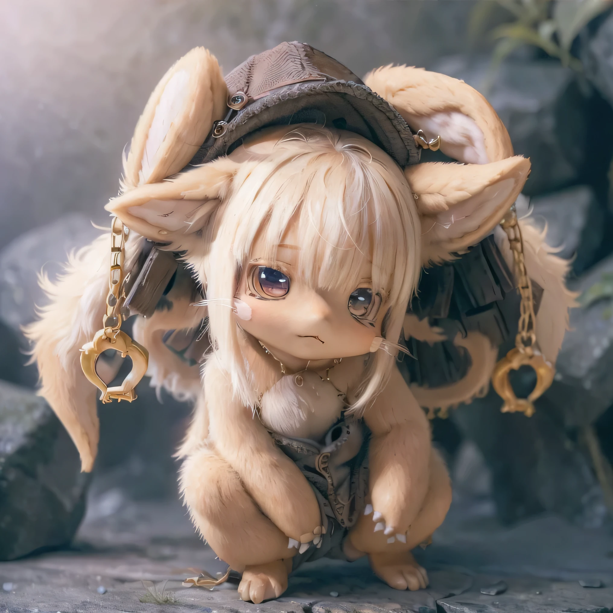 in the garden, Smiling girl, Similar to Nanachi from Made in Abyss. She is beautiful, Beautiful eyes and lips. girl (((Chibi Style,))) . The image quality is top notch, Highly detailed and realistic features. The medium of this work is、Combining illustration and photorealistic rendering.. The colors are vivid、The lighting creates a warm and bright atmosphere。Casual Full Body(((((Overalls)))))Contrasting exposure of the chest and abdomen