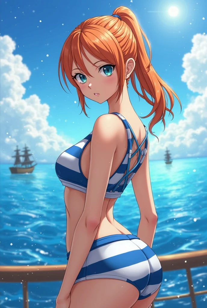 ((in the likeness of "maria_(fire_emblem)"))(1girl), blue eyes, ((short red hair)), freckles on face, at the beach by the water, smiling, partially turned away from you, ((small tight butt)), blushing lightly, (small breasts), 38 years old, ((petite body)), cute, slim, slender