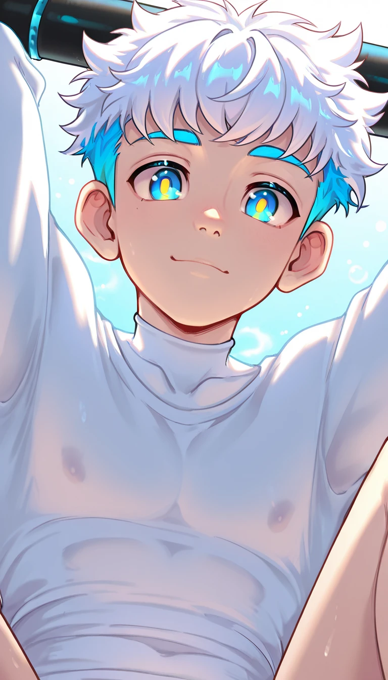 (masterpiece, best quality),1boy,nakeness,(younge boy,Kid's face,Juvenile faces),a baby face,Delicate big eyes,Keep your eyes open,Smooth and delicate skin,(Lewdness),infancy,sideface,snowfield,Large ice cubes,Blue-violet aurora,Lewd expression,,infancy,Young age,Huge blue-white ice cubes,Short round face,Flat chin,Fine face in detail,Colored briefs,musculous,Short bright orange hair,Sky blue eyes,opens his eyes wide,复杂,full bodyesbian,nakeness,Lewdness,Teal briefs,Pectoralis abdominal muscles,Blue-violet aurora,the night,Blue-violet aurora,vivd colour,(depth of fields:1.2),(abs),looking at viewert,A top-down perspective,snowfield,Arms drooping,Falling snowflakes,There are a lot of diamond-shaped ice cubes on the ground,cold temperature,A top-down perspective