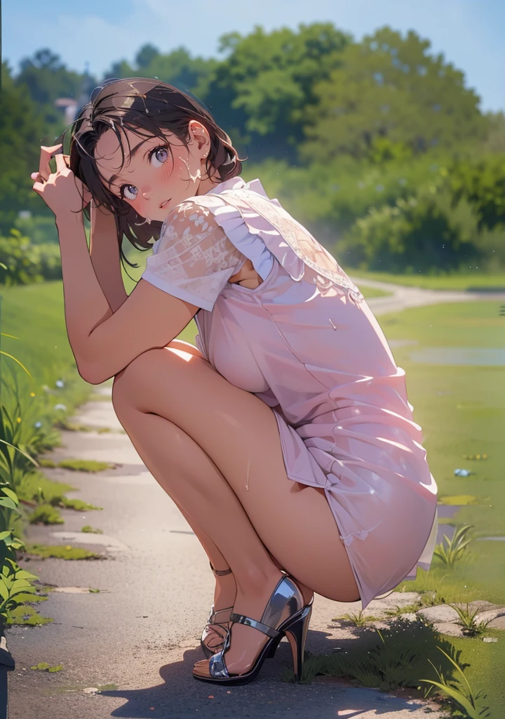 3DMM, ((Masterpiece, best quality, photography, detailed skin, realistic, photo-realistic, 8k, highly detailed, full body, High detail RAW color art, diffused soft lighting, shallow depth of field, sharp focus, hyperrealism, cinematic lighting, a woman, in a beautifully makeup, eyeshadow, beautiful big eyes, ((Brown eyes)), long eye lashes, brunette updo hair, wearing ((Blue satin sundress)), panties, lying on sides, on grass, spread legs, sakura garden