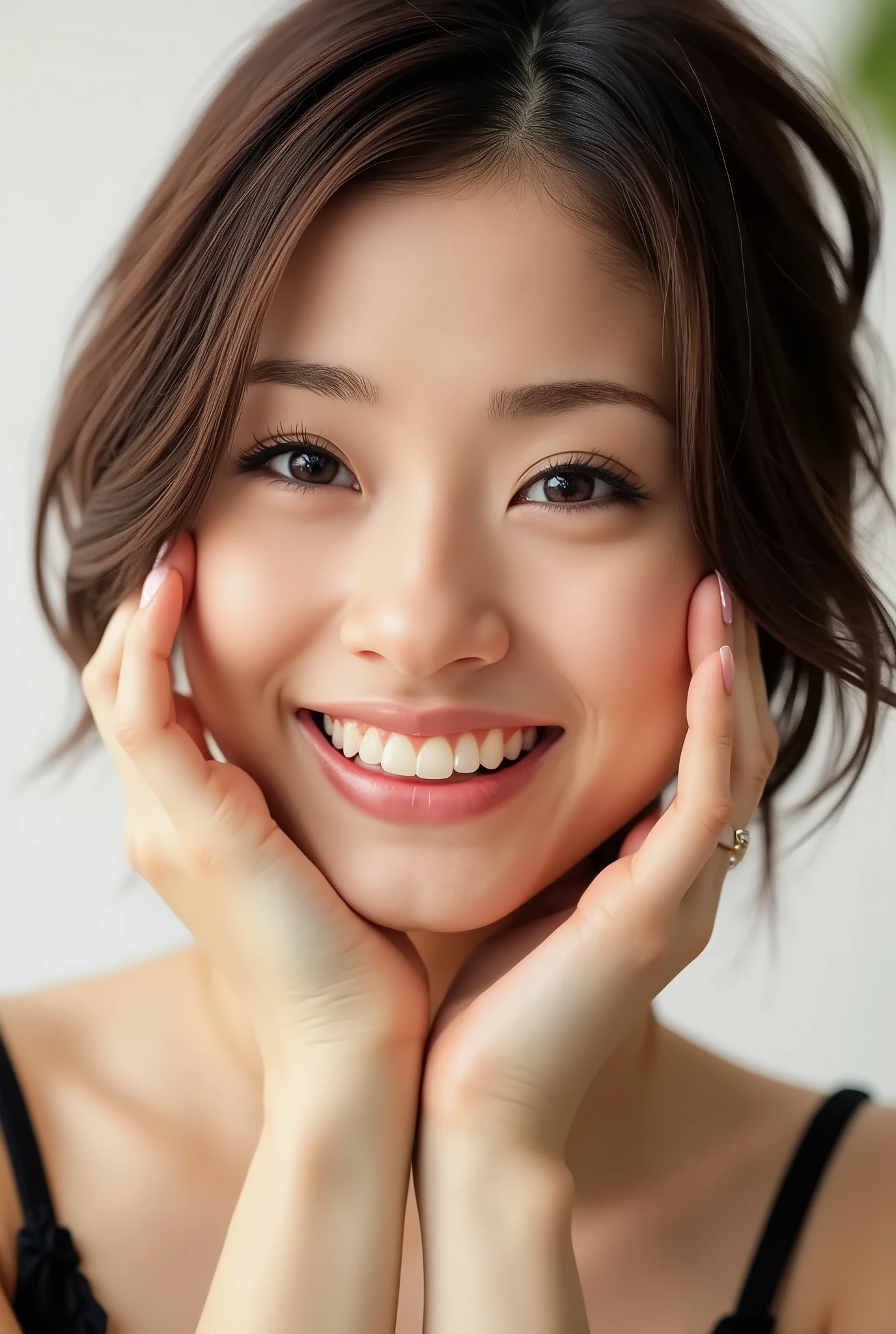 extreme close-up portrait, beautiful girl with her love-struck, radiant face filling the entire frame (95% face ratio), gently placing both open hands on her flushed cheeks with soft fingers, soft black camisole, white blurred background, eyes dreamy and half-lidded, deeply adoring gaze fixed straight at the viewer, irises ultra-detailed with intricate rainbow reflections and glowing catchlights, moist and sparkling eyes as if about to tear up from overwhelming joy, soft melting smile revealing slightly parted lips and upper teeth, skin with visible soft pores, realistic skin texture with warm lighting and subtle shadows, delicate eyelashes, glossy lips with natural highlights, cheeks glowing with deep blush, cinematic soft lighting, lifelike expression full of romantic euphoria, overflowing with happiness, warmth, and pure affection, subtly tilting her head as if whispering a name in total bliss, ultra photorealistic, masterpiece, 8K, hyperreal detail, skin pores, detailed iris texture, cinematic mood