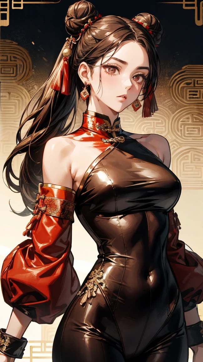 1girl, black ponytail, detailed face, detailed eyes, detailed lips, japanese, cleavage, red costume, baggy sleeves, ultra long fingernails, black leggings