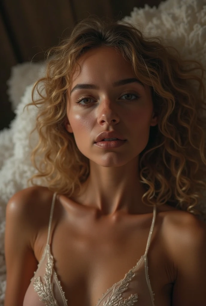 ((best quality)), ((masterpiece)), (detailed) blonde curly hair, light brown skin, green eyes African face, thick red lips, seductive face, young teen girl face, lolita face, youth, big legs, huge gigantic ass, large curvy thighs, tiny waist, big hips, massive tits, (F cup breasts) , Legs spread apart, ((laying down )), tight see through white leotard, nipples exposed, pussy exposed, cum in pussy, wearing slave chains, slave collar, crying